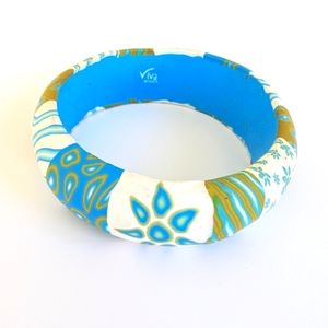 Viva Beads Blue Olive Green White Polymer Clay Bangle Bracelet Boho Vacation